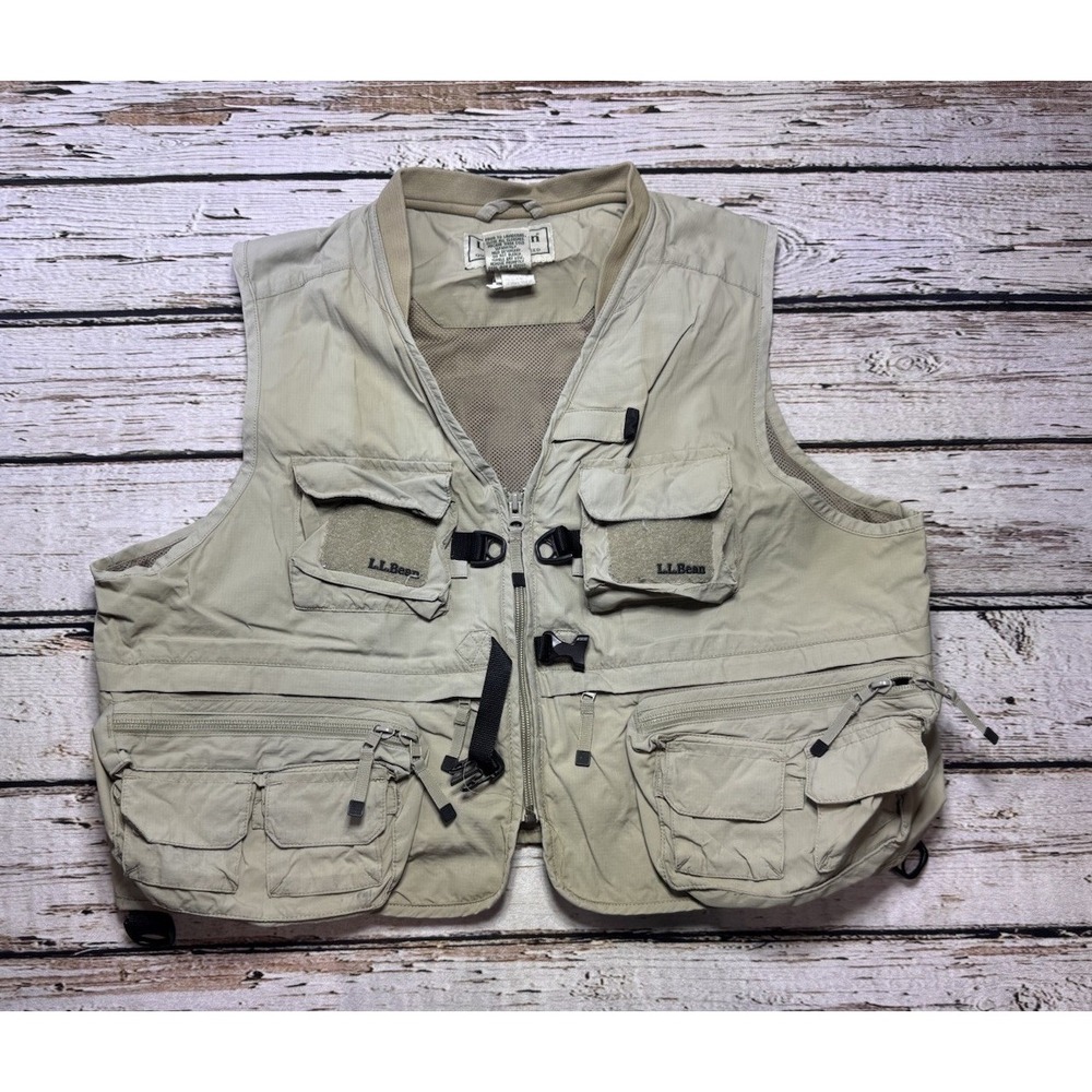 L.L. Bean Fishing Cargo Vented Vest Tan Khaki Men's Size‎ XL Pockets Full Zip
